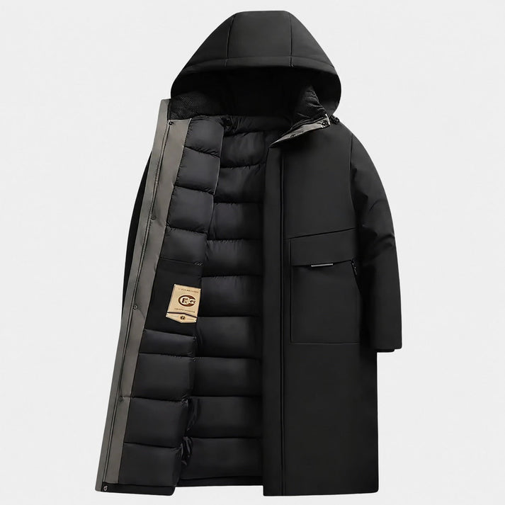 Black longline parka with a matte shell, quilted interior lining, attached hood, and deep utility flap pockets.