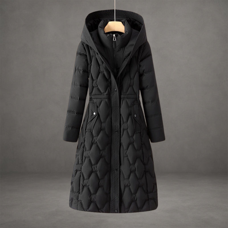Black longline puffer coat with insulated geometric quilting, attached hood, and front pockets on a hanger.