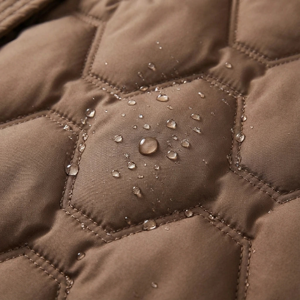 Brown puffer coat fabric with a hexagonal quilted pattern and water-repellent droplets on the matte surface.