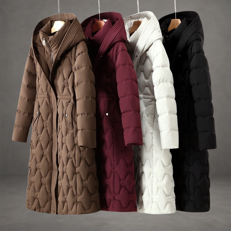 Longline hooded puffer coats in brown, burgundy, white, and black, featuring insulated geometric quilting and front pockets.