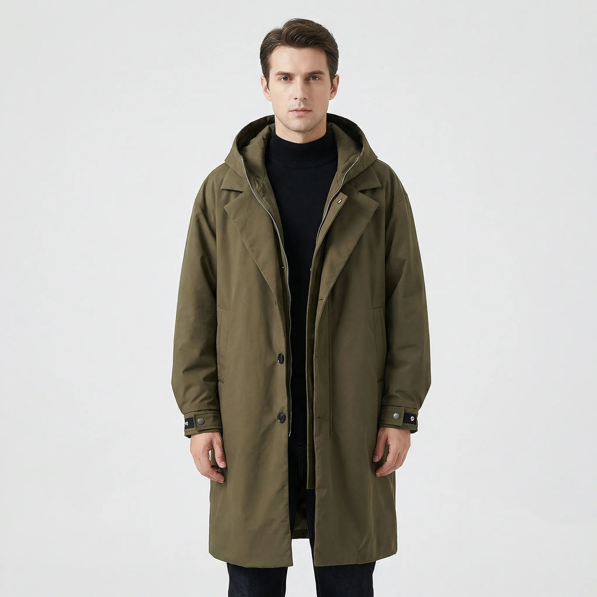 Olive green Hooded Padded Longline Trench Coat worn by a male model, highlighting the hooded collar, notch lapels, padded construction, and zip-and-button front.
