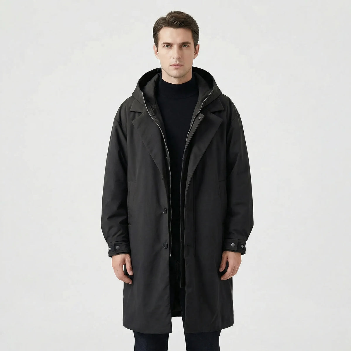 Black Hooded Padded Longline Trench Coat worn by a male model, featuring notch lapels, hooded collar, zip-and-button front, padded construction, and side pockets.