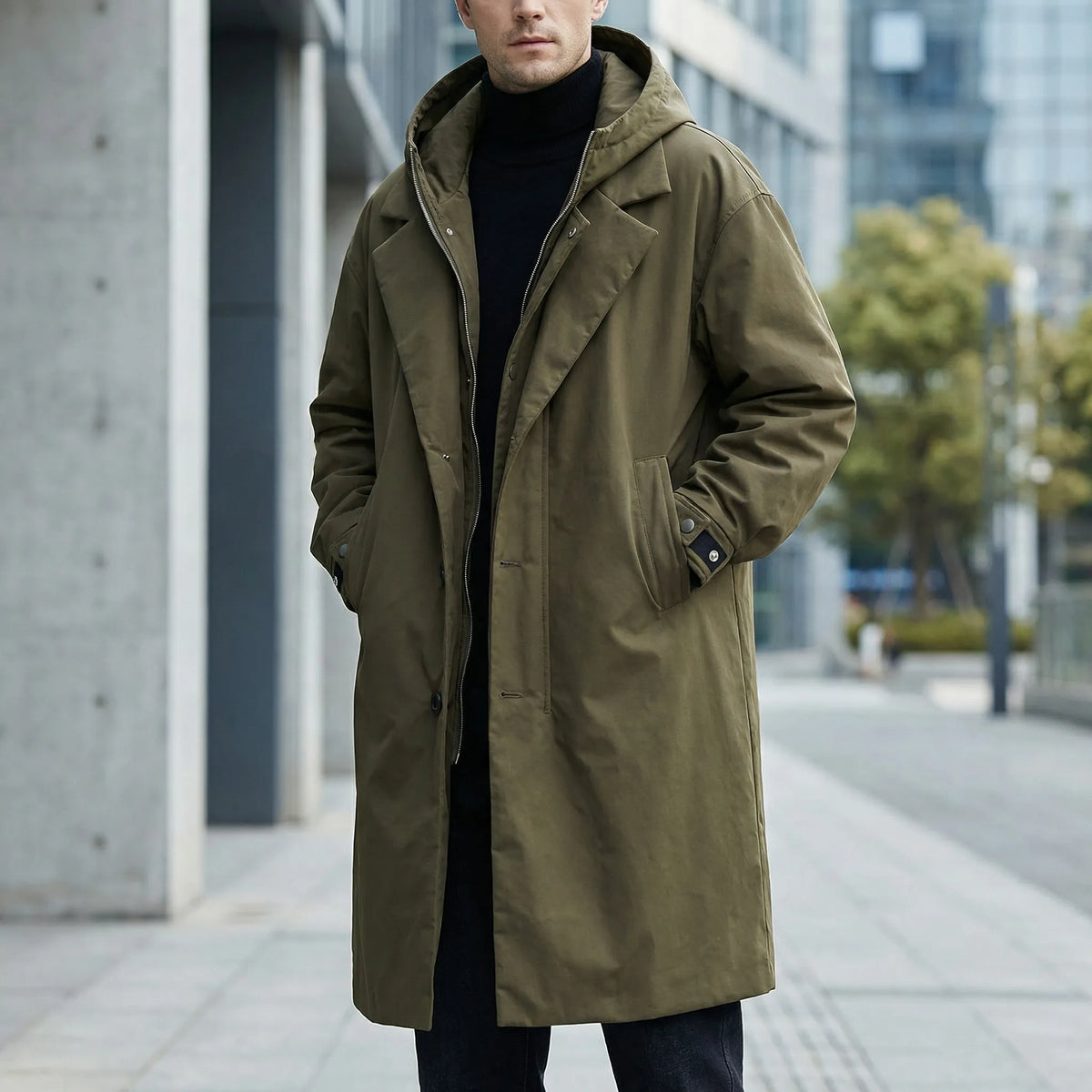 Olive green Hooded Padded Longline Trench Coat worn by a male model, featuring notch lapels, a hooded collar, zip-and-button front, padded construction, and side pockets.