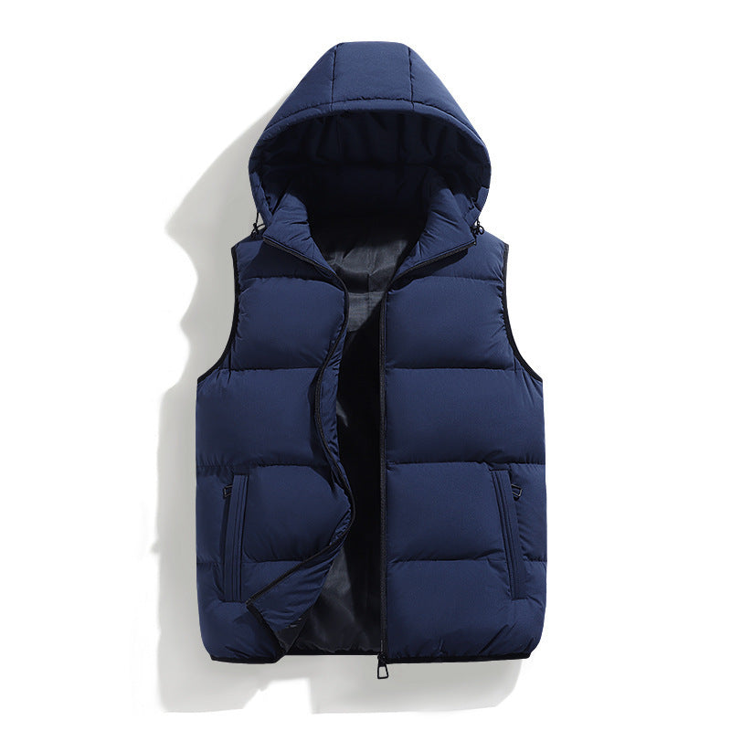 Front product view of the padded hooded puffer vest in dark navy blue with full zip closure and side pockets.