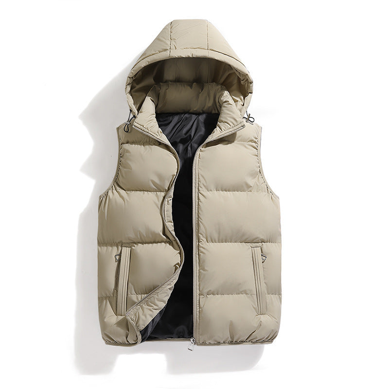 Front product view of the padded hooded puffer vest in warm beige khaki with full zip front and contrast inner lining.