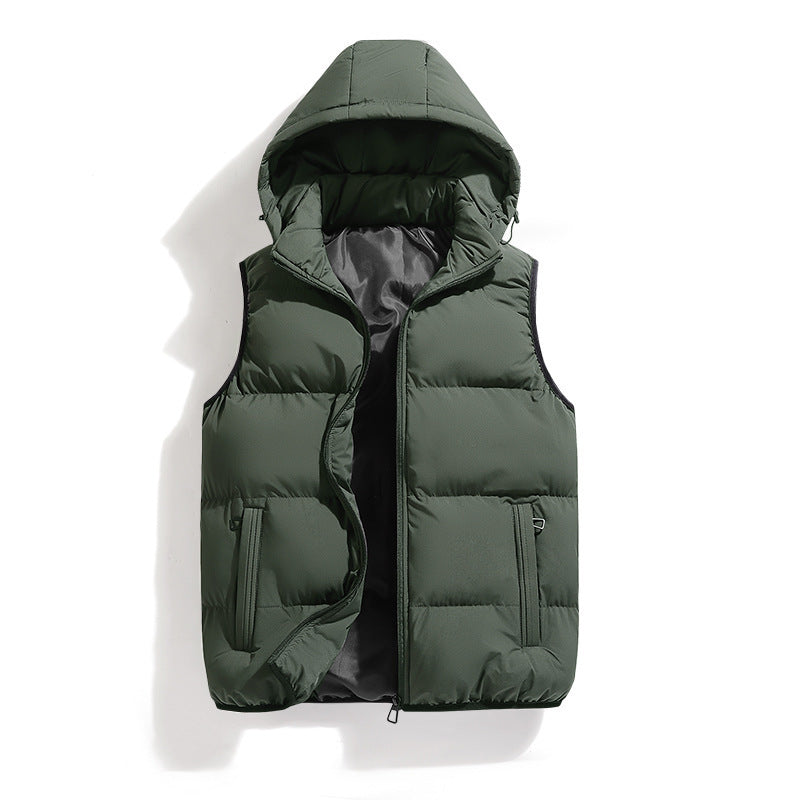 Front product view of the padded hooded puffer vest in dark army green featuring a full zip closure and side pockets.