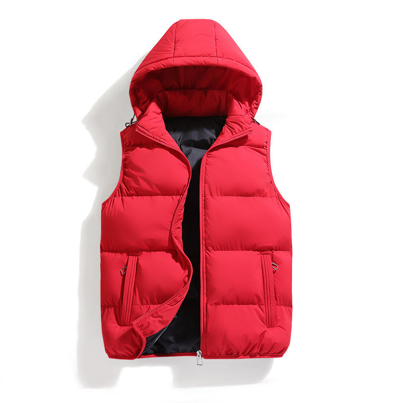 Front product view of the padded hooded puffer vest in vibrant bright red with full zip closure and adjustable hood.
