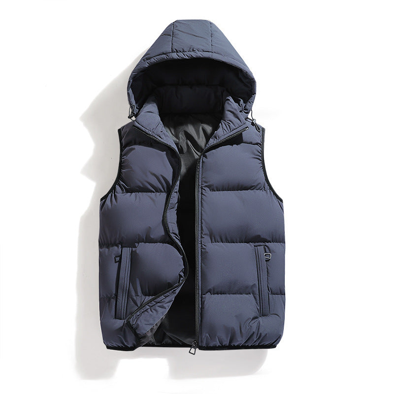 Front product view of the padded hooded puffer vest in slate steel blue featuring a full zip front and side pockets.
