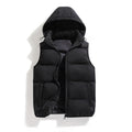 Front product view of a black padded hooded puffer vest featuring horizontal quilted quilting, a full zip closure, adjustable hood drawstrings, and zippered side pockets.