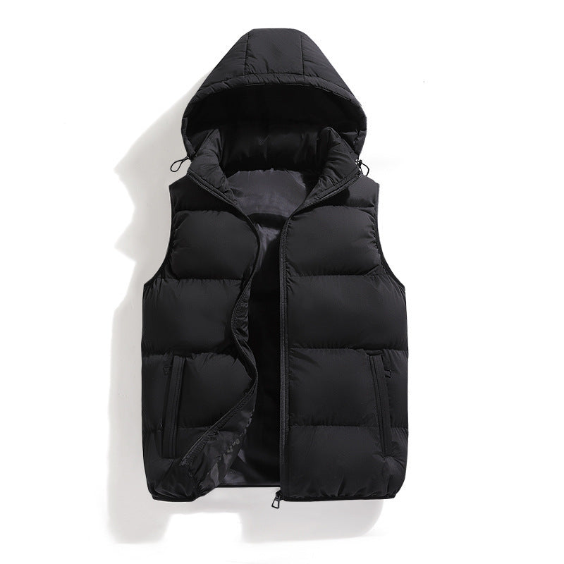 Front product view of a black padded hooded puffer vest featuring horizontal quilted quilting, a full zip closure, adjustable hood drawstrings, and zippered side pockets.