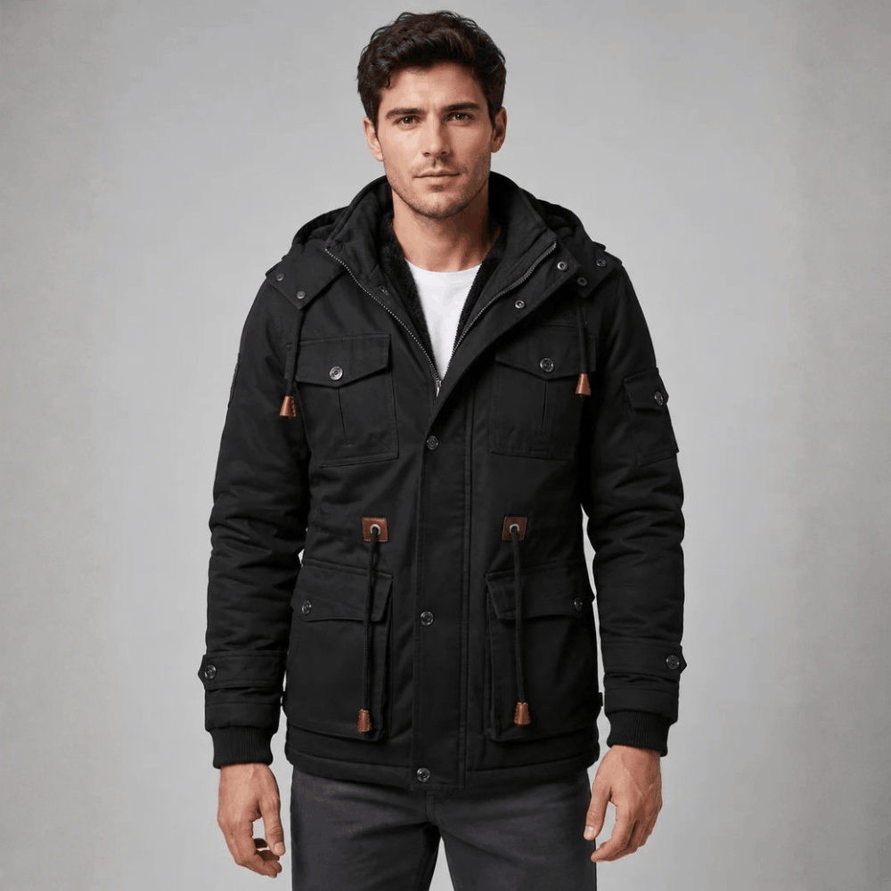 Front view of a model wearing the five-pocket hooded utility jacket in black with dark drawstrings and ribbed wrist cuffs.
