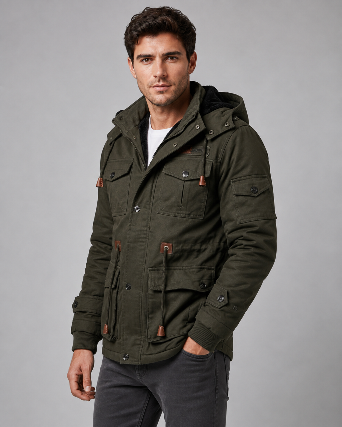 Three-quarter view of a model wearing the hooded utility jacket in olive green featuring flap pockets and adjustable drawstrings.