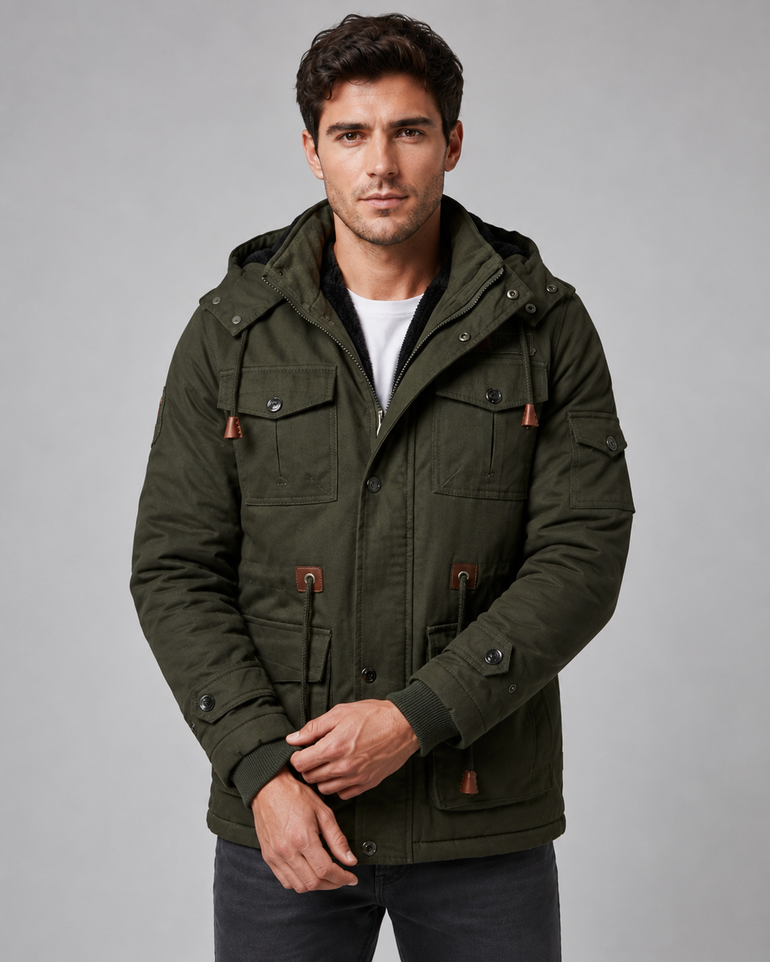 Front view of a model standing with hands clasped wearing the olive green five-pocket hooded utility jacket.