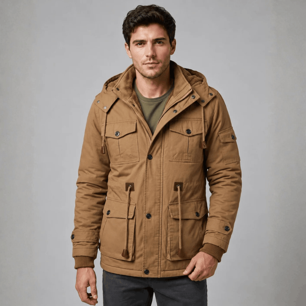 Front view of a model wearing a tan hooded utility jacket featuring five flap pockets, drawstrings at the waist and chest, a snap-button storm placket, and ribbed cuffs.