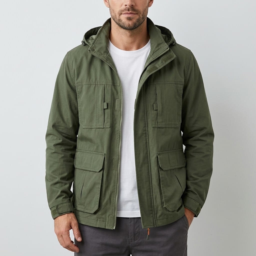 Front view of a model wearing the hooded utility jacket in olive green featuring chest and waist flap cargo pockets over a white crewneck shirt.