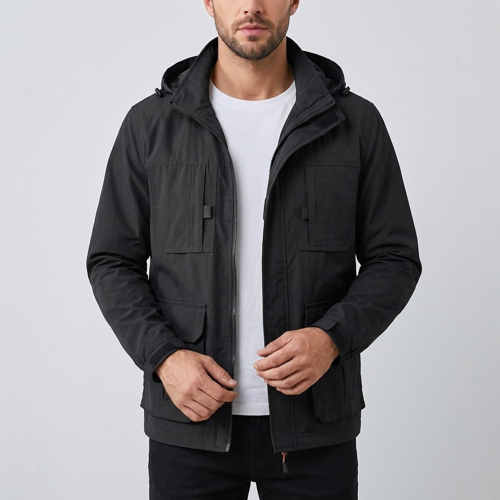 Front view of a model wearing the hooded utility jacket in black with an open zip front, stand collar, and multiple flap utility pockets over a white t-shirt.