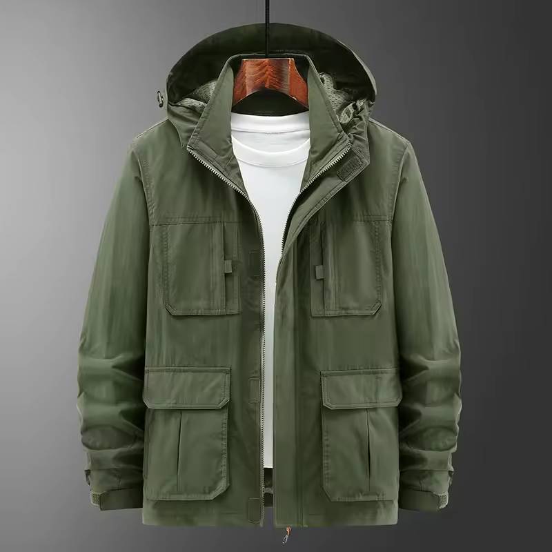 Front product layout view of the olive green hooded utility jacket on a hanger showing the stand collar, hood, zipper placket, and flap cargo pockets.