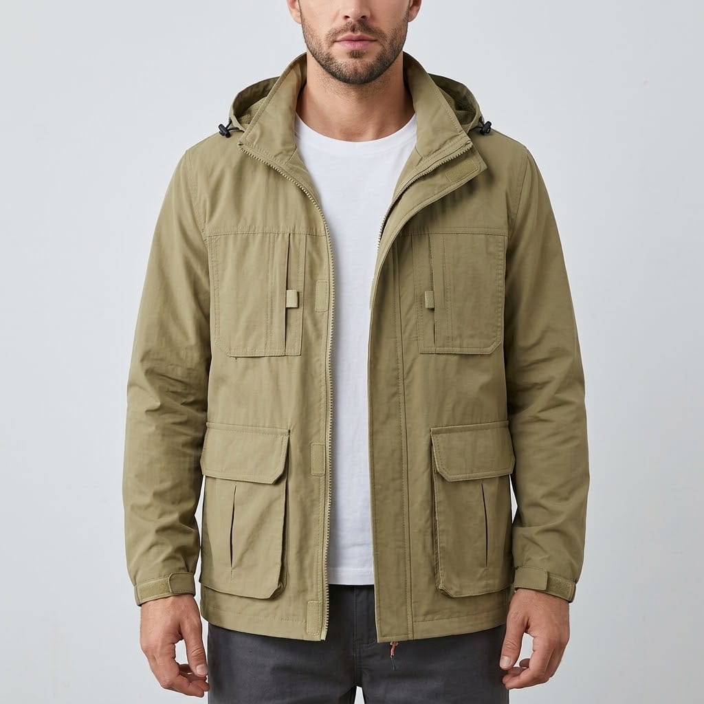 Front view of a model wearing an open beige utility jacket with an attached hood, stand collar, front zip closure, dual chest flap pockets, and dual lower cargo flap pockets over a white t-shirt.