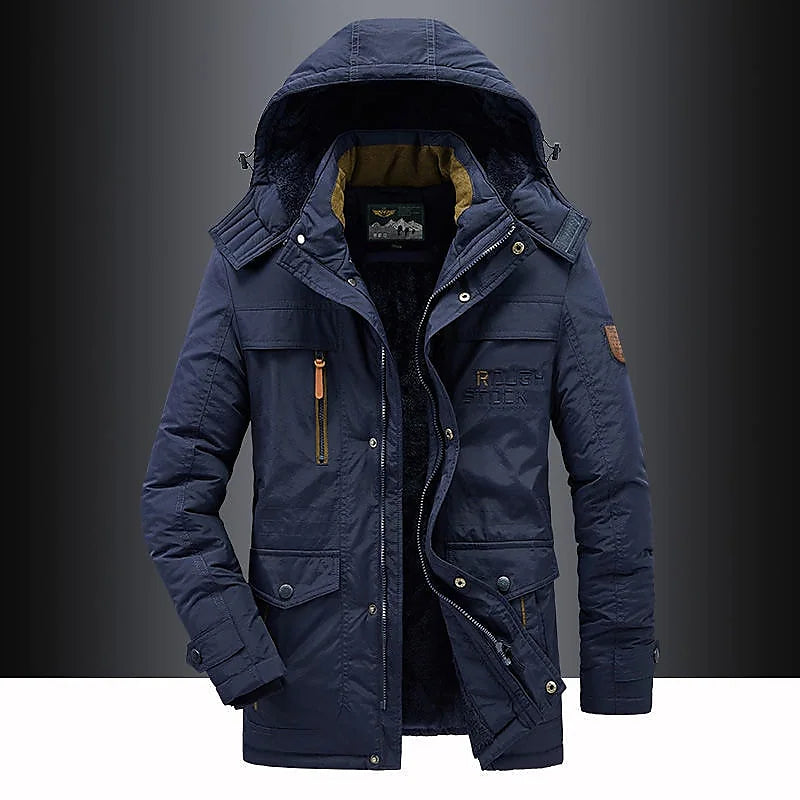 Navy blue insulated utility jacket featuring a roomy hood, zip chest pockets, and durable weather-resistant fabric.
