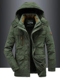 Olive green insulated utility jacket with a roomy hood, zip chest pockets, and flap hip pockets on a weather-resistant shell.