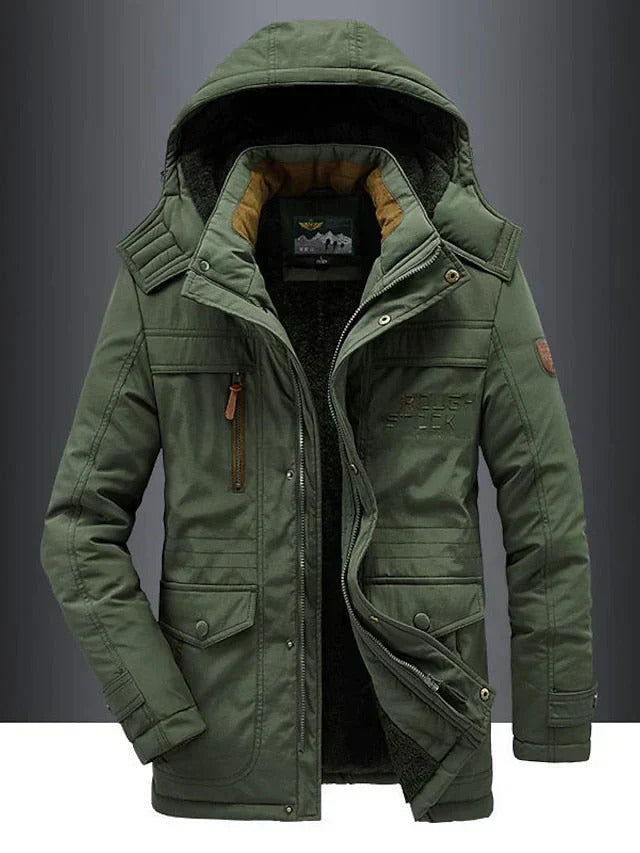 Olive green insulated utility jacket with a roomy hood, zip chest pockets, and flap hip pockets on a weather-resistant shell.