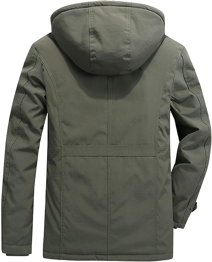 Olive green hooded winter utility jacket with a durable, weather-resistant shell and structured back paneling.