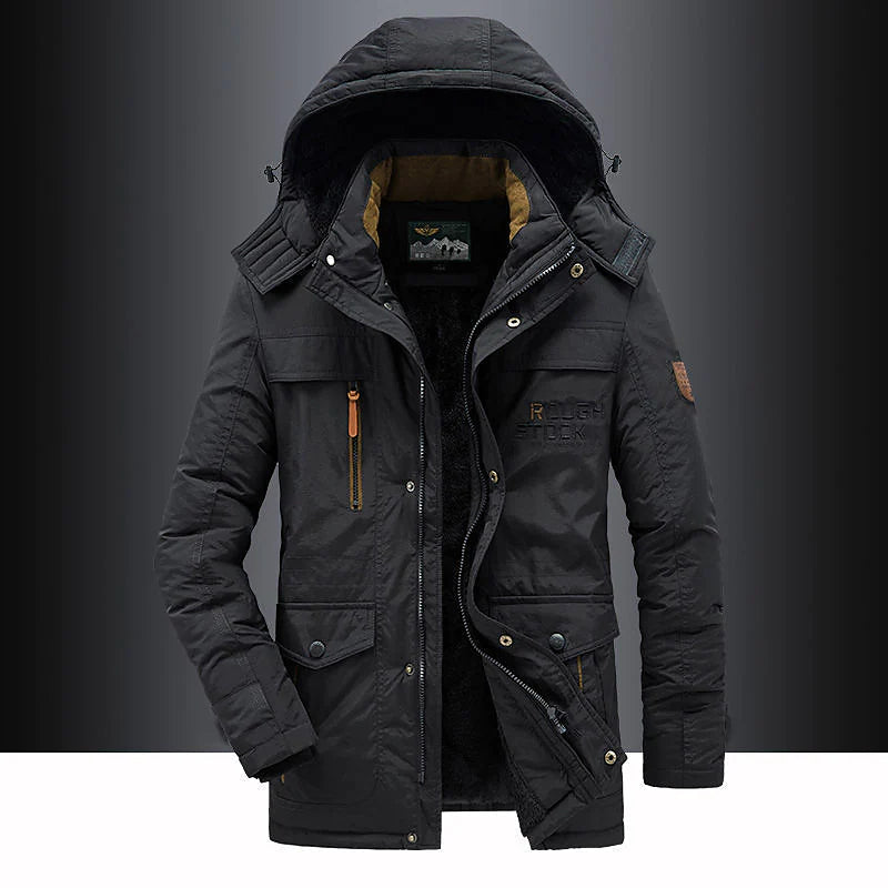 Black insulated winter utility jacket with a roomy hood, zip chest pockets, and durable weather-resistant shell.
