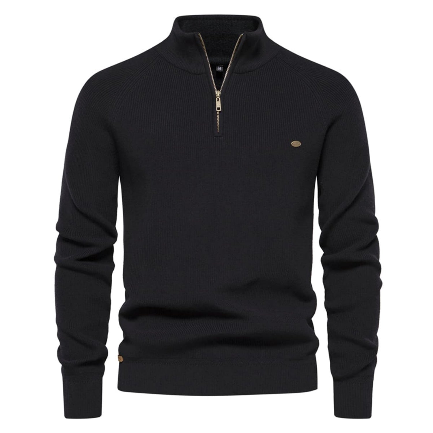 Black quarter-zip knit sweater with a stand collar, ribbed cuffs, and embroidered chest logo on a white background.