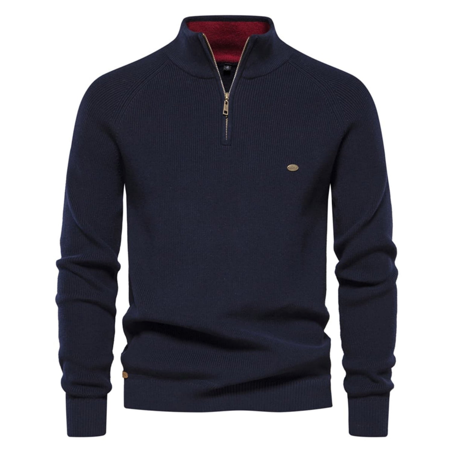 Navy quarter-zip knit sweater featuring a stand collar, ribbed cuffs, and embroidered chest logo on a white background.