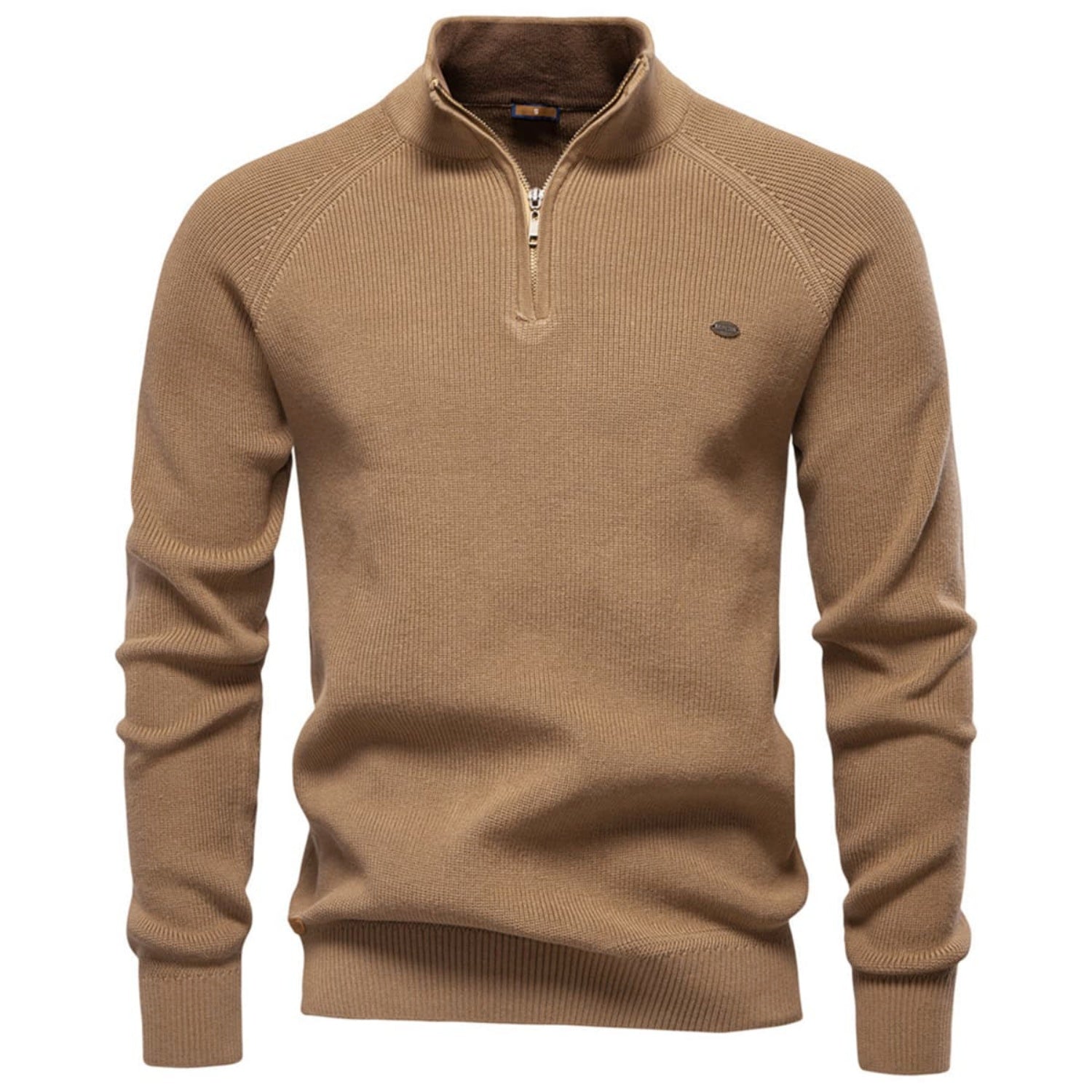 Brown quarter-zip knit sweater with a stand collar, ribbed cuffs, and embroidered chest logo on a white background.