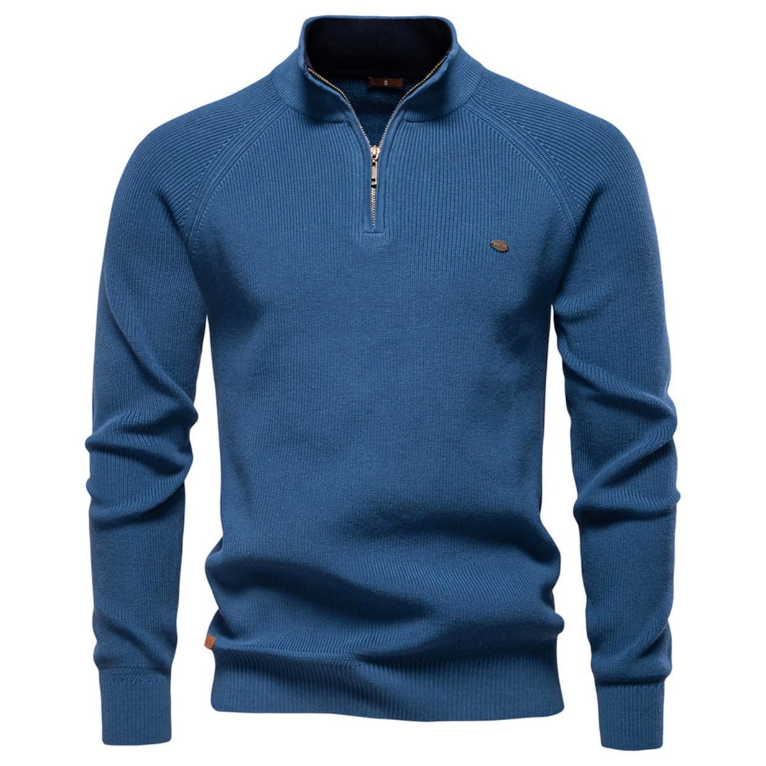 Blue quarter-zip knit sweater featuring a stand collar, ribbed cuffs, and embroidered chest logo on a white background.