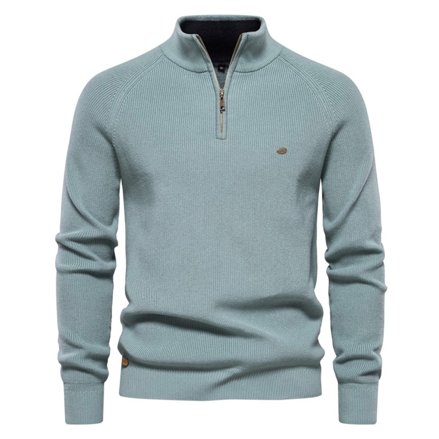Sage green quarter-zip knit sweater with a stand collar, ribbed cuffs, and embroidered chest logo on a white background.