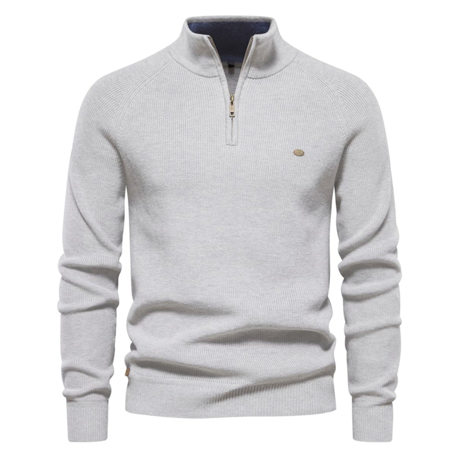 Light gray quarter-zip knit sweater featuring a stand collar, ribbed cuffs, and embroidered chest logo on a white background.
