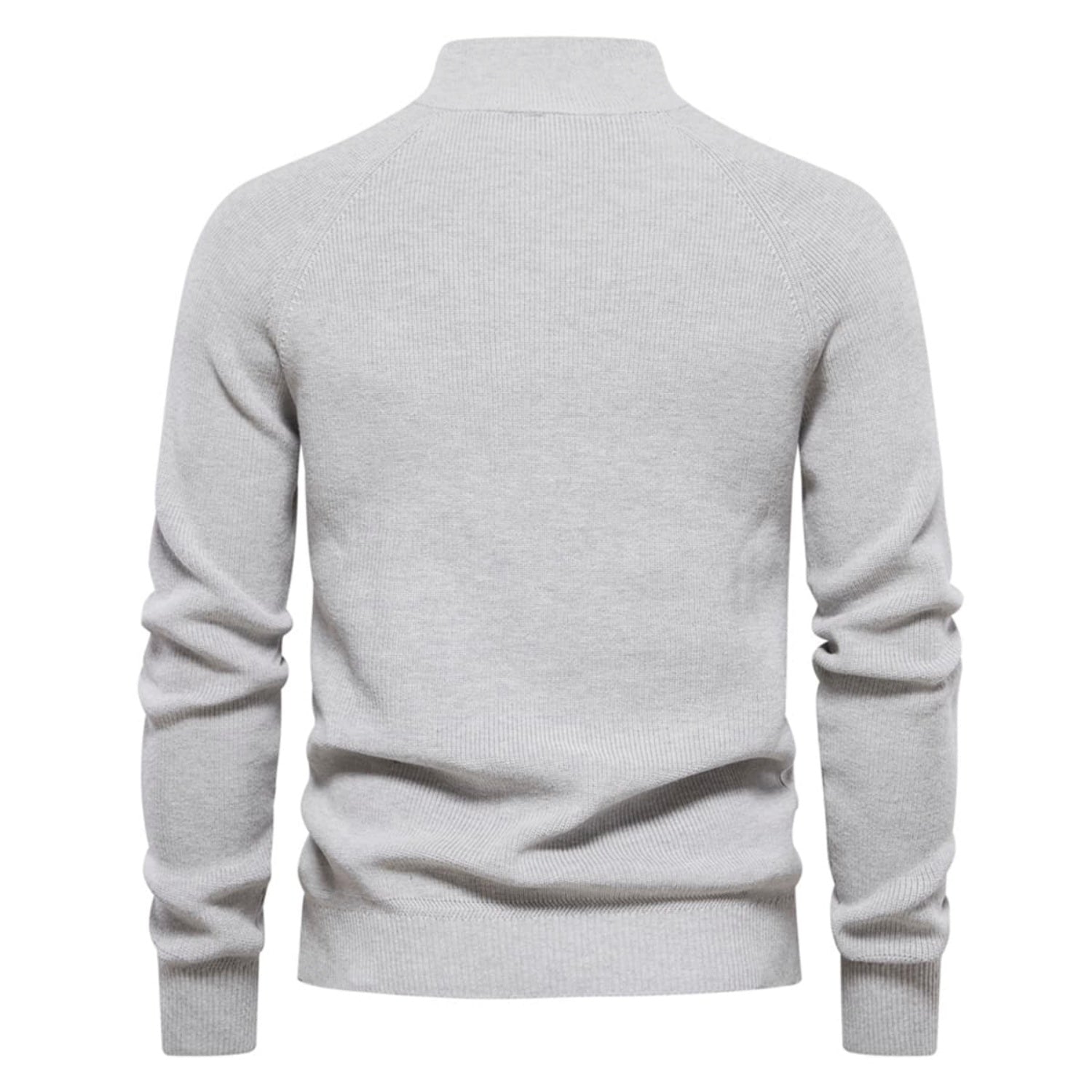 Back view of a light gray quarter-zip knit sweater with a stand collar and ribbed hem on a white background.