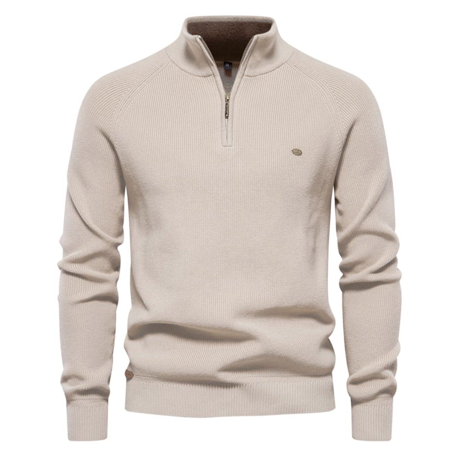 Beige quarter-zip knit sweater with a stand collar, ribbed cuffs, and embroidered chest logo displayed on a white background.