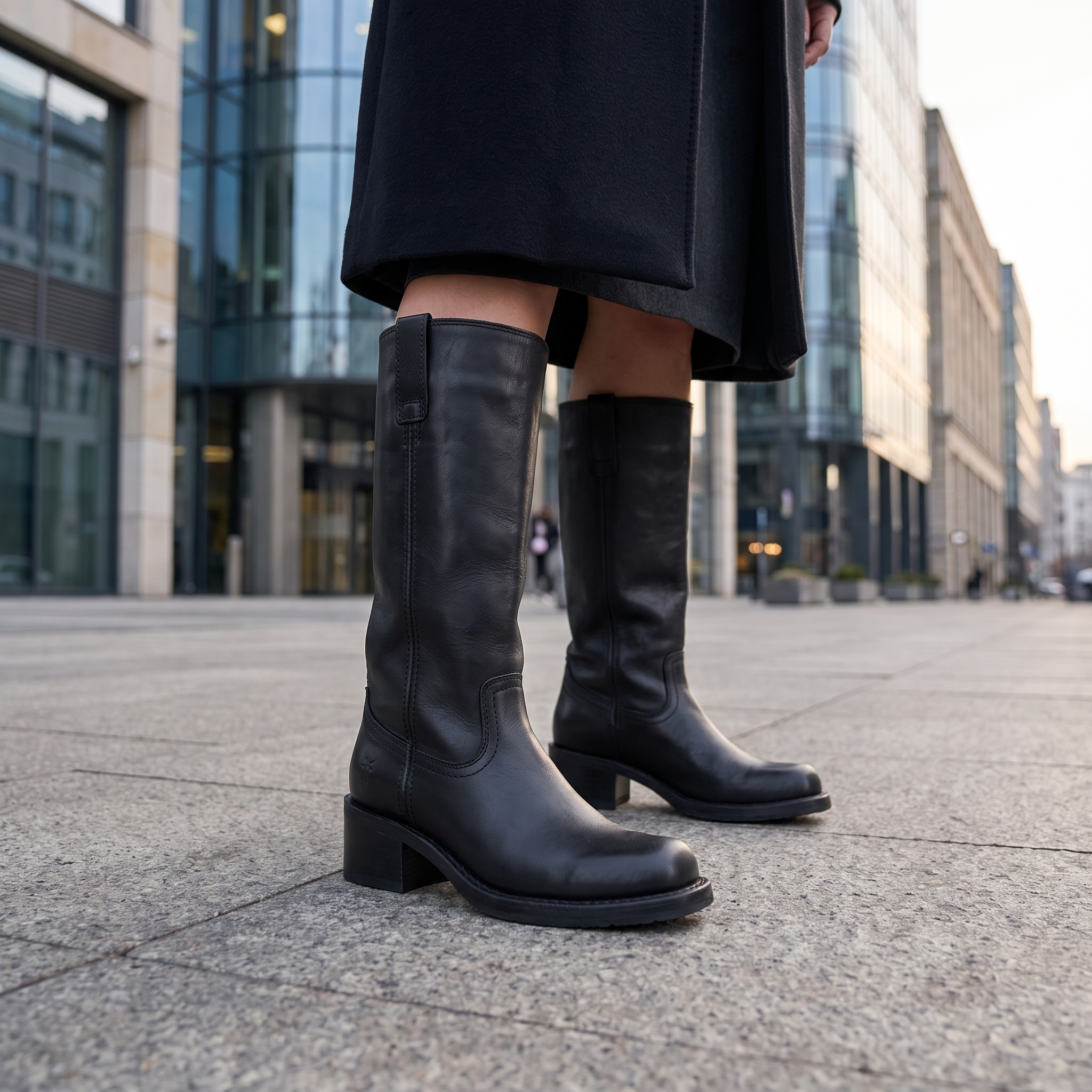 Black vegan leather knee-high boots with a structured shaft, rounded toe, and sturdy block heel on a city sidewalk.