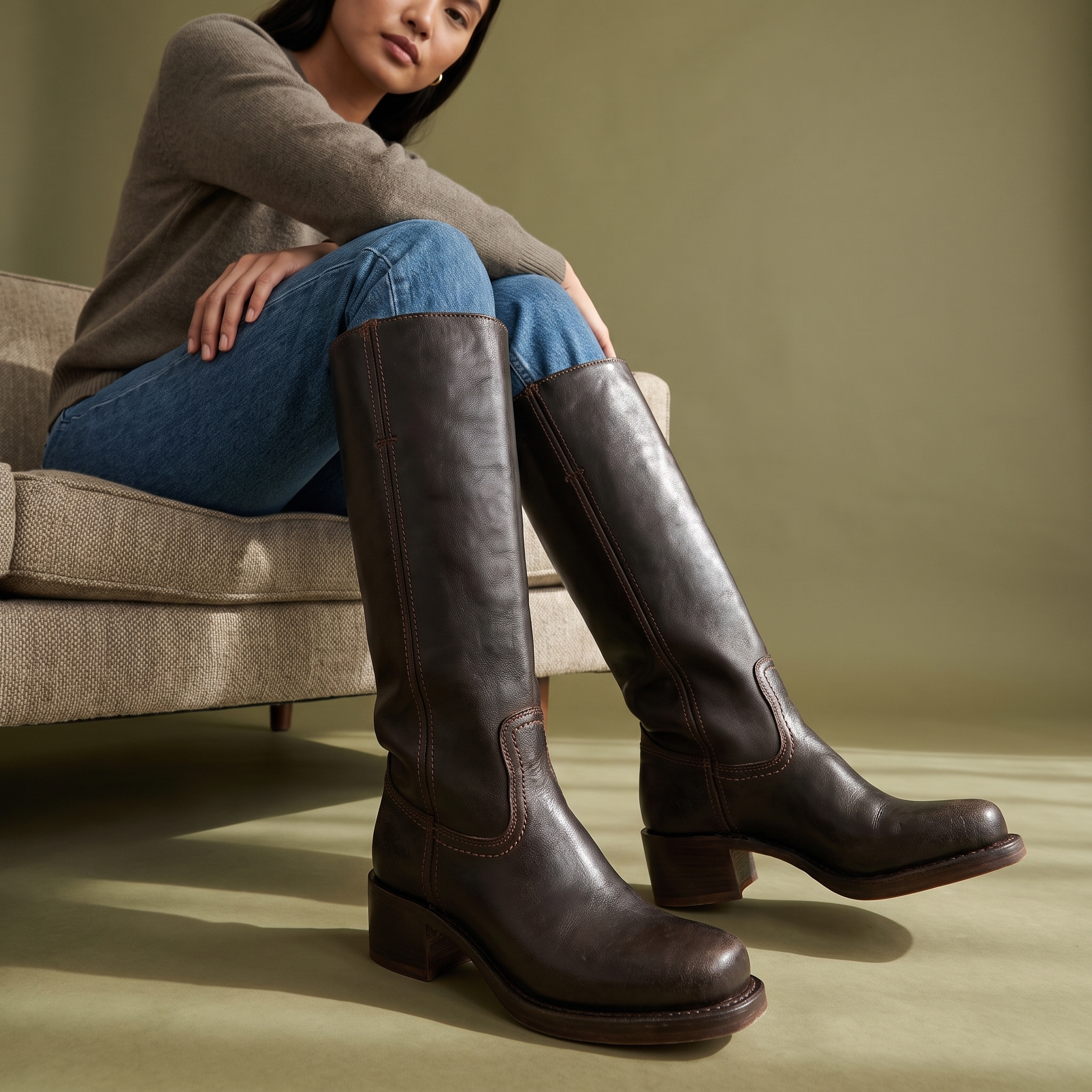 Dark brown vegan leather knee-high boots with a structured shaft, block heel, and rounded toe, worn with blue jeans.