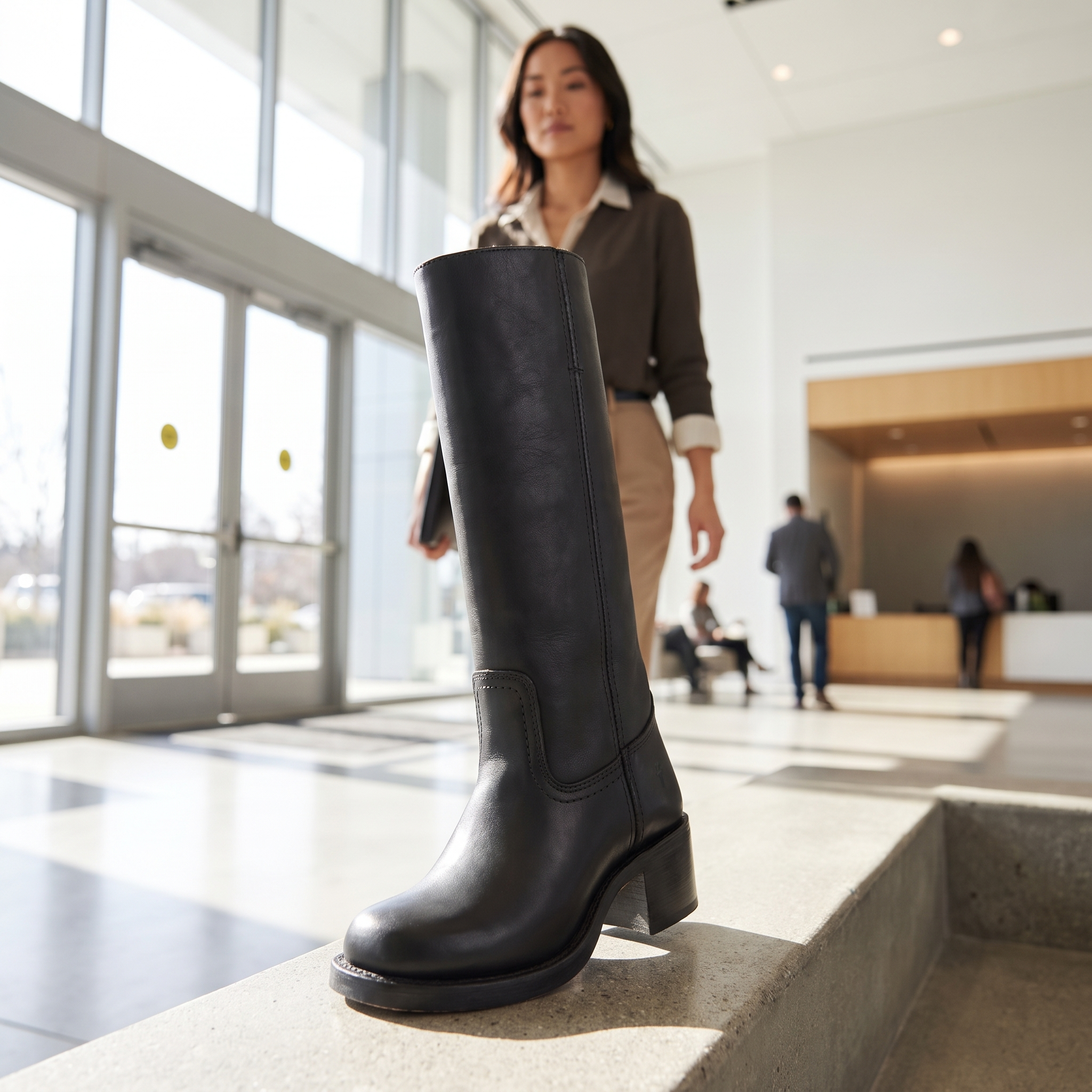 Black vegan leather knee-high boots with a structured shaft, round toe, and block heel, displayed in a bright lobby.