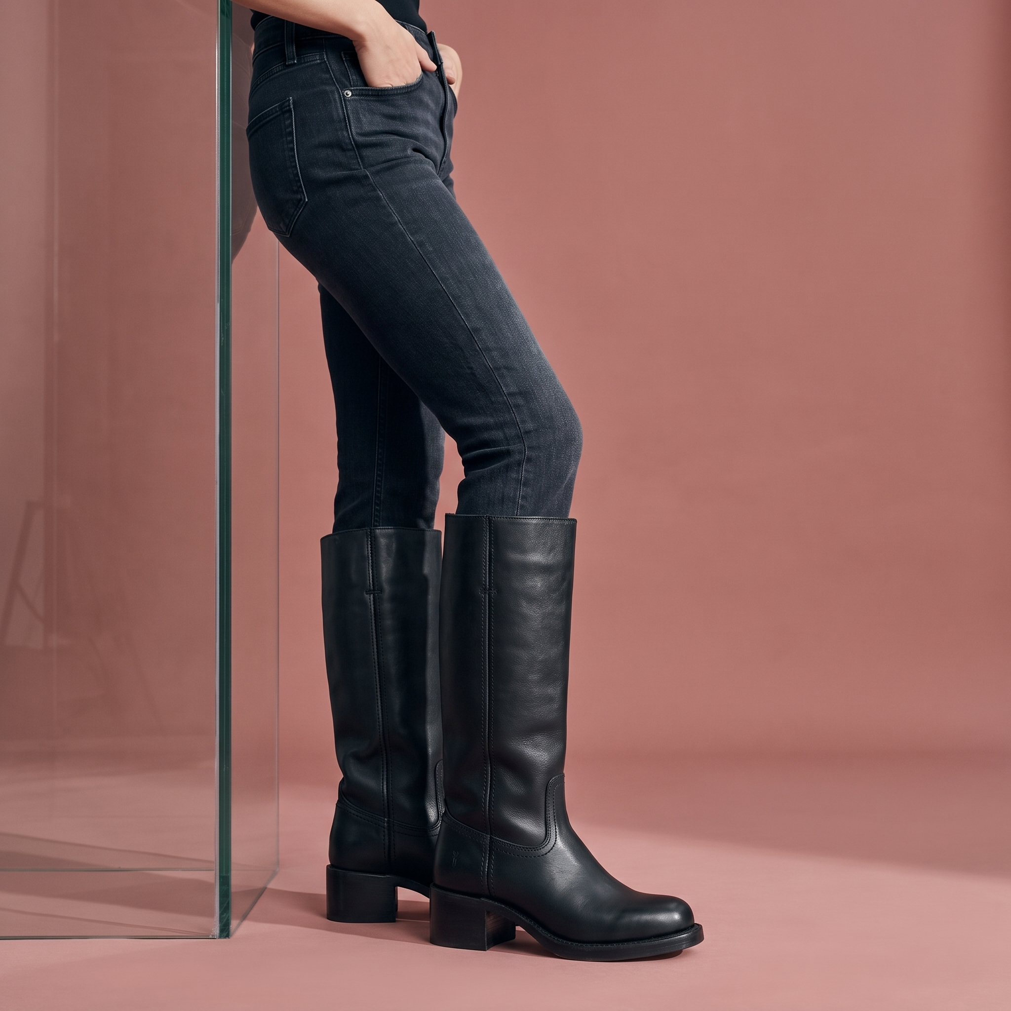 Black vegan leather knee-high boots with a structured shaft, block heel, and round toe, worn over dark slim-fit jeans.