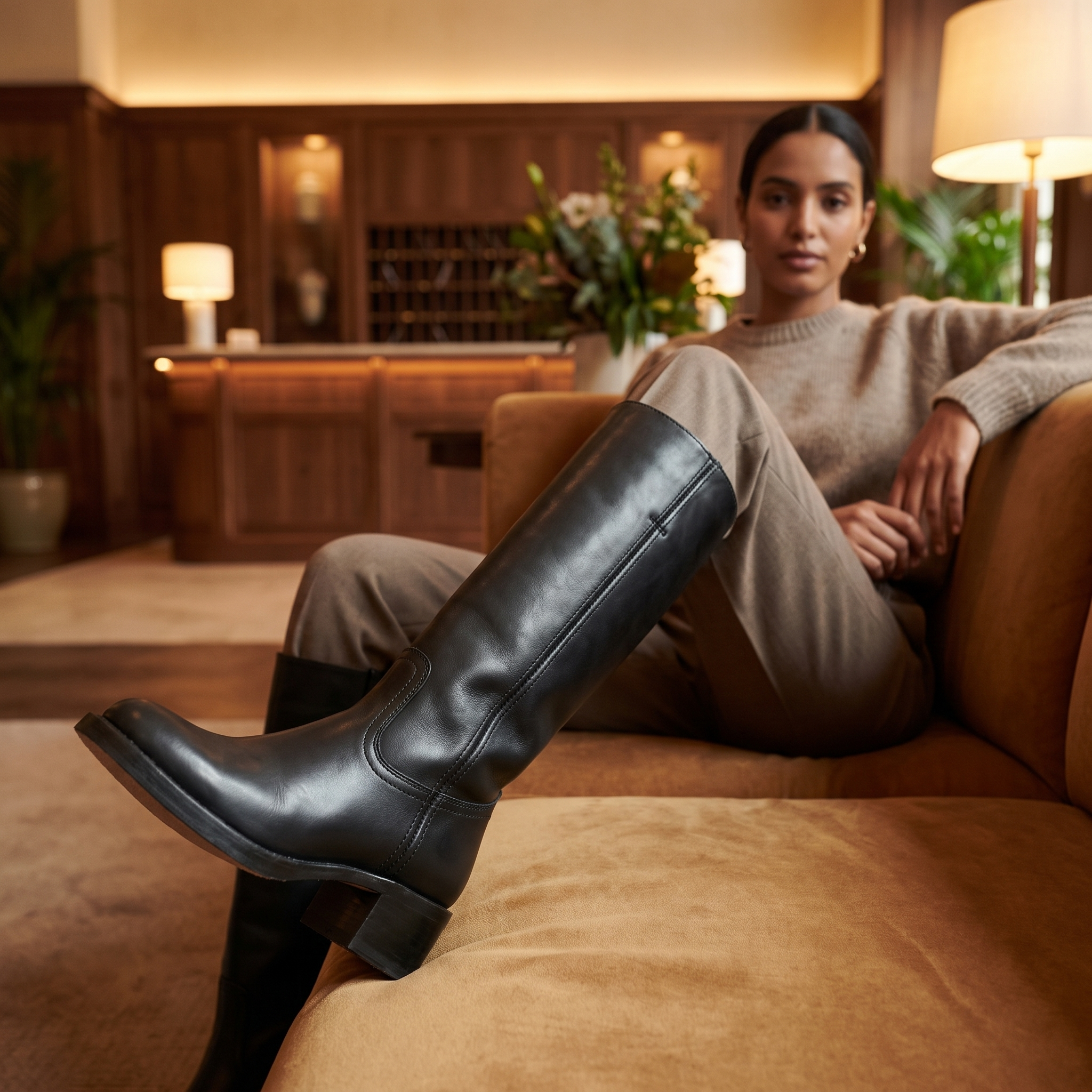 Black vegan leather knee-high boots with a structured shaft, round toe, and block heel, worn while seated on a sofa.
