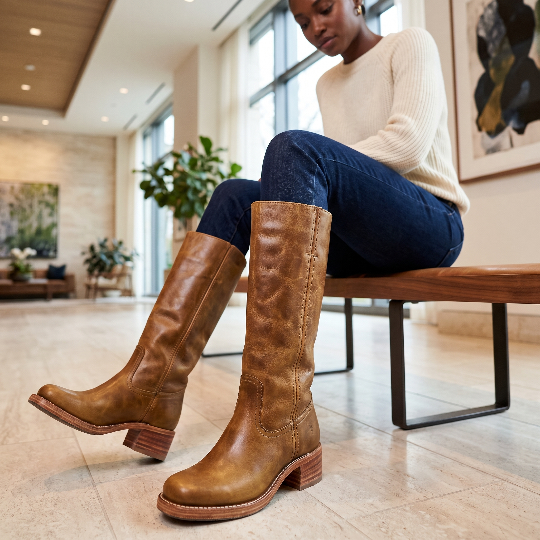 Tan vegan leather knee-high boots with a structured shaft, round toe, and stacked block heel worn with dark denim.