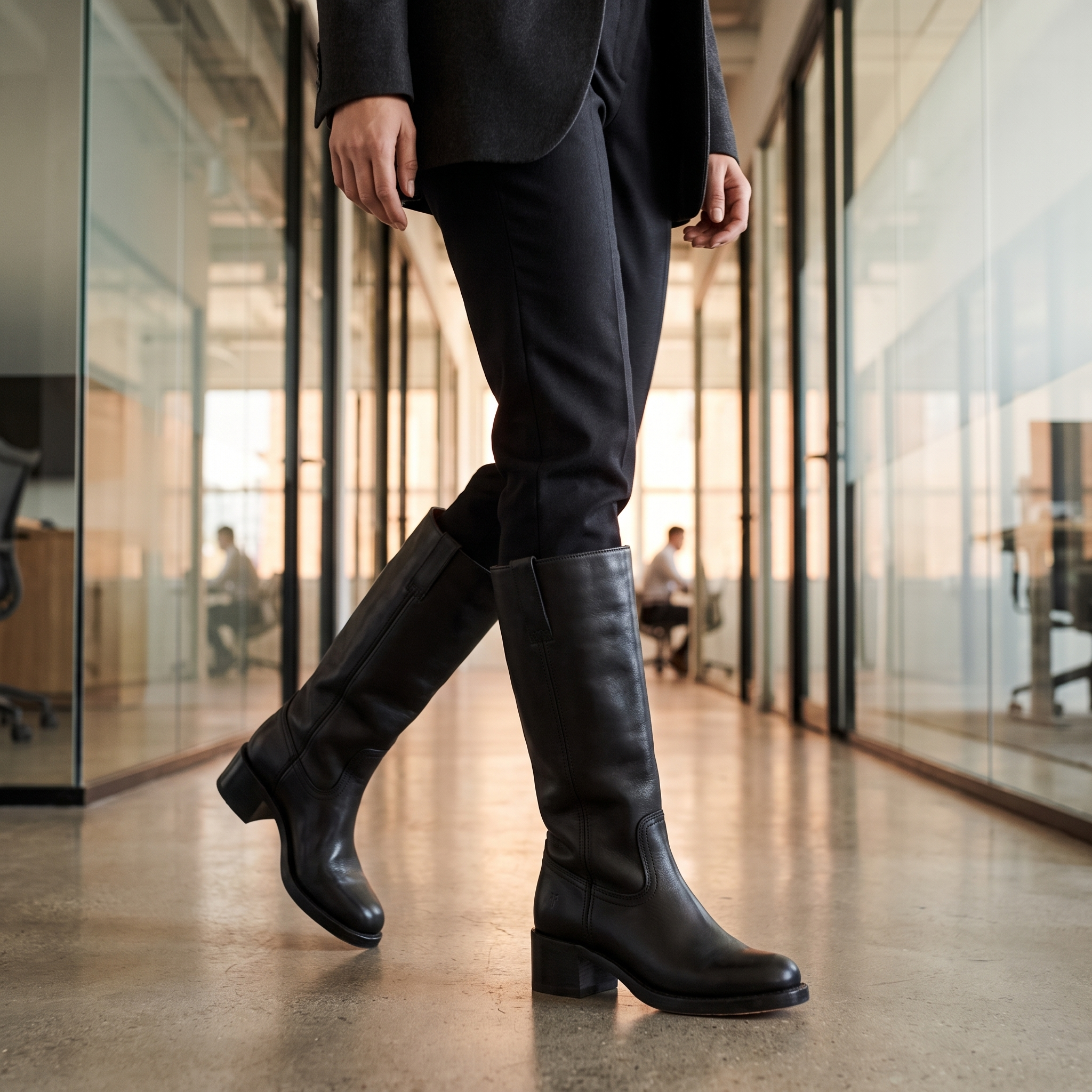 Black vegan leather knee-high boots with a structured shaft, round toe, and block heel, worn with tailored trousers.