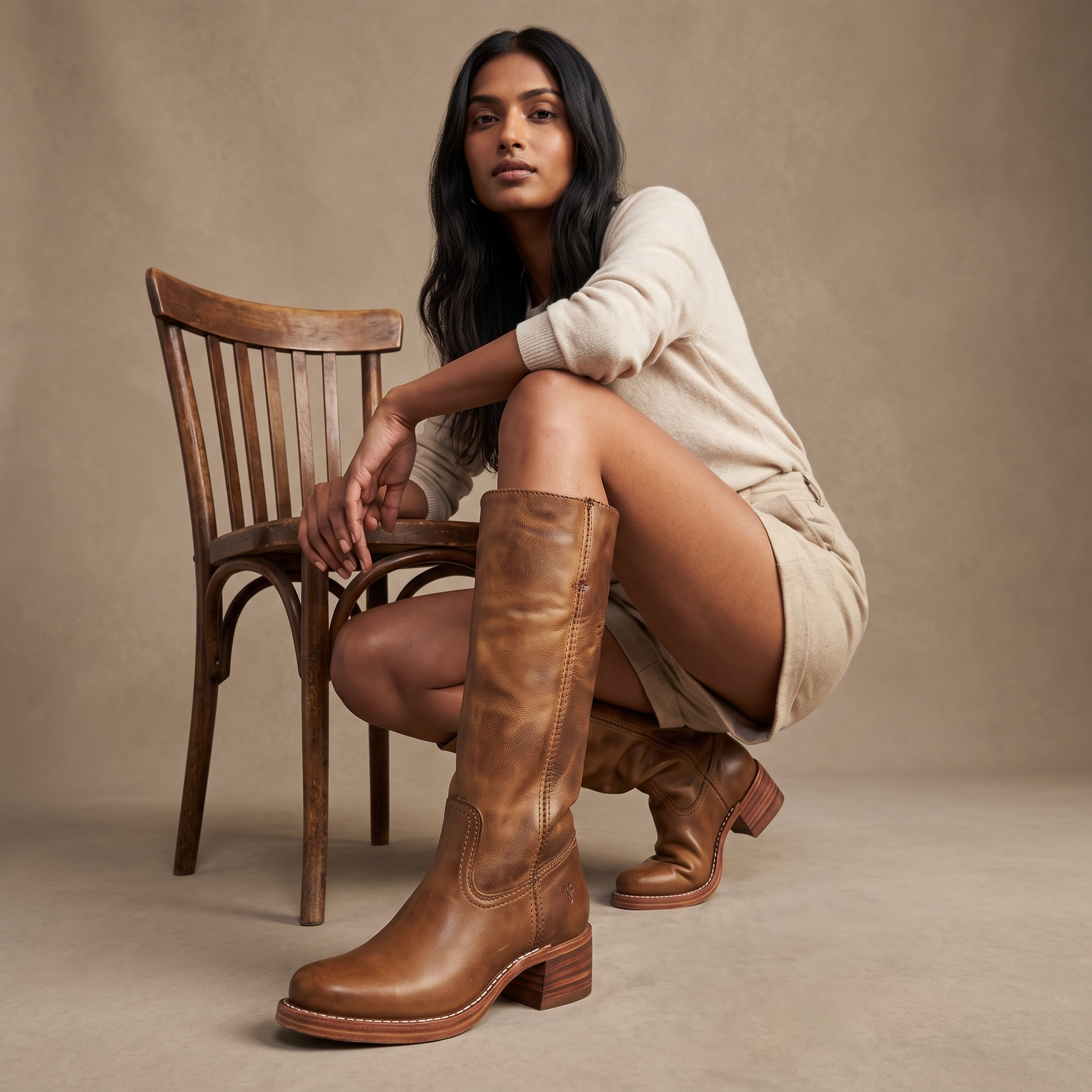 Tan vegan leather knee-high boots with a structured shaft, rounded toe, and stacked block heel, worn by a seated woman.
