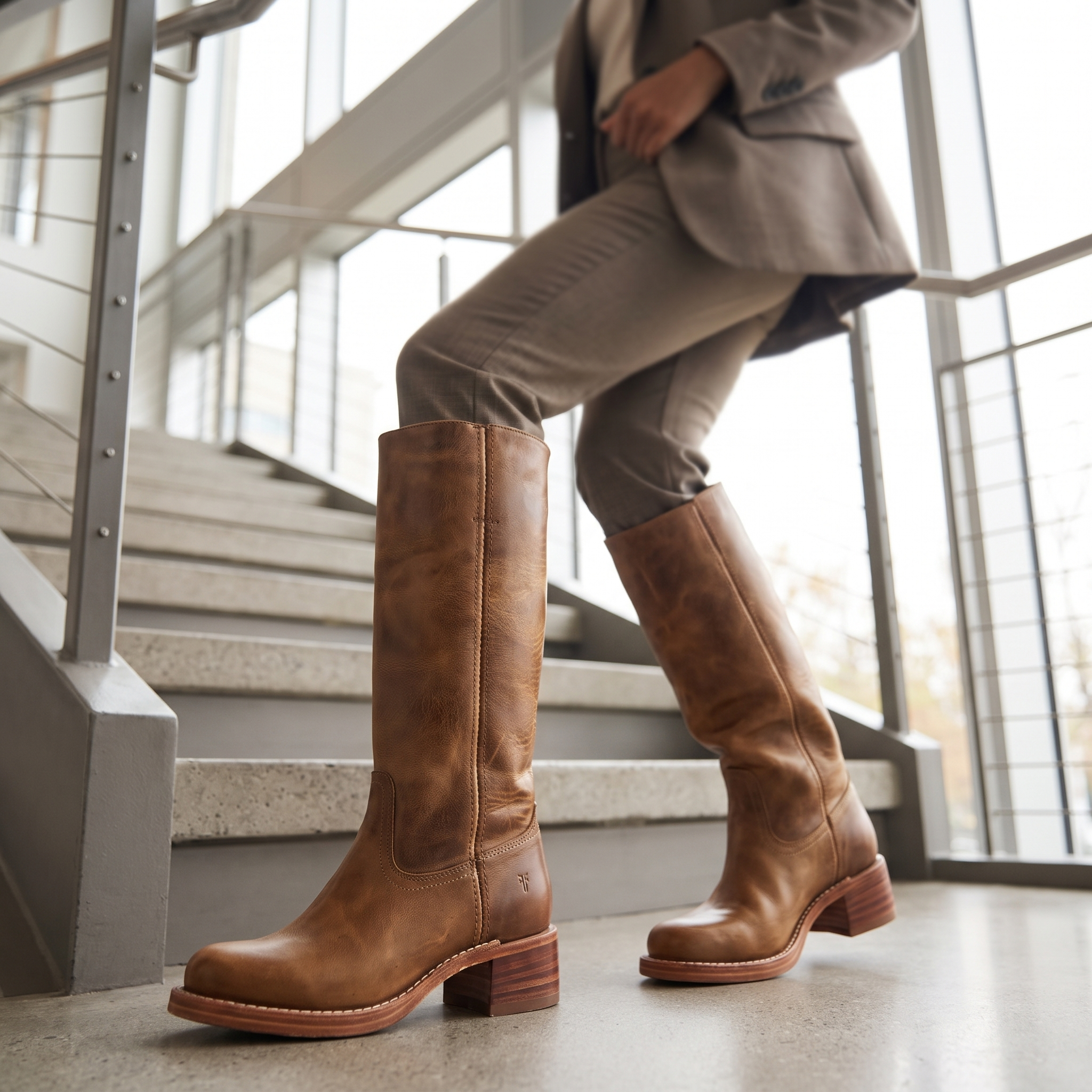 Tan vegan leather knee-high boots with a structured shaft, round toe, and stacked block heel, worn on concrete stairs.