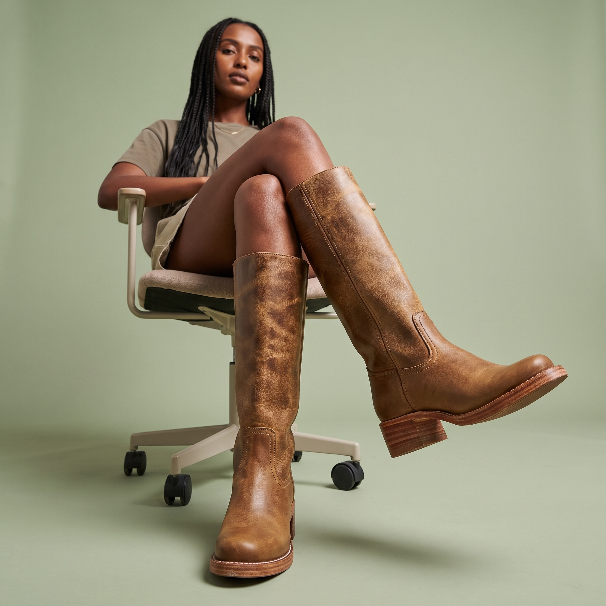 Tan vegan leather knee-high boots with a structured shaft, rounded toe, and stacked block heel worn by a seated woman.