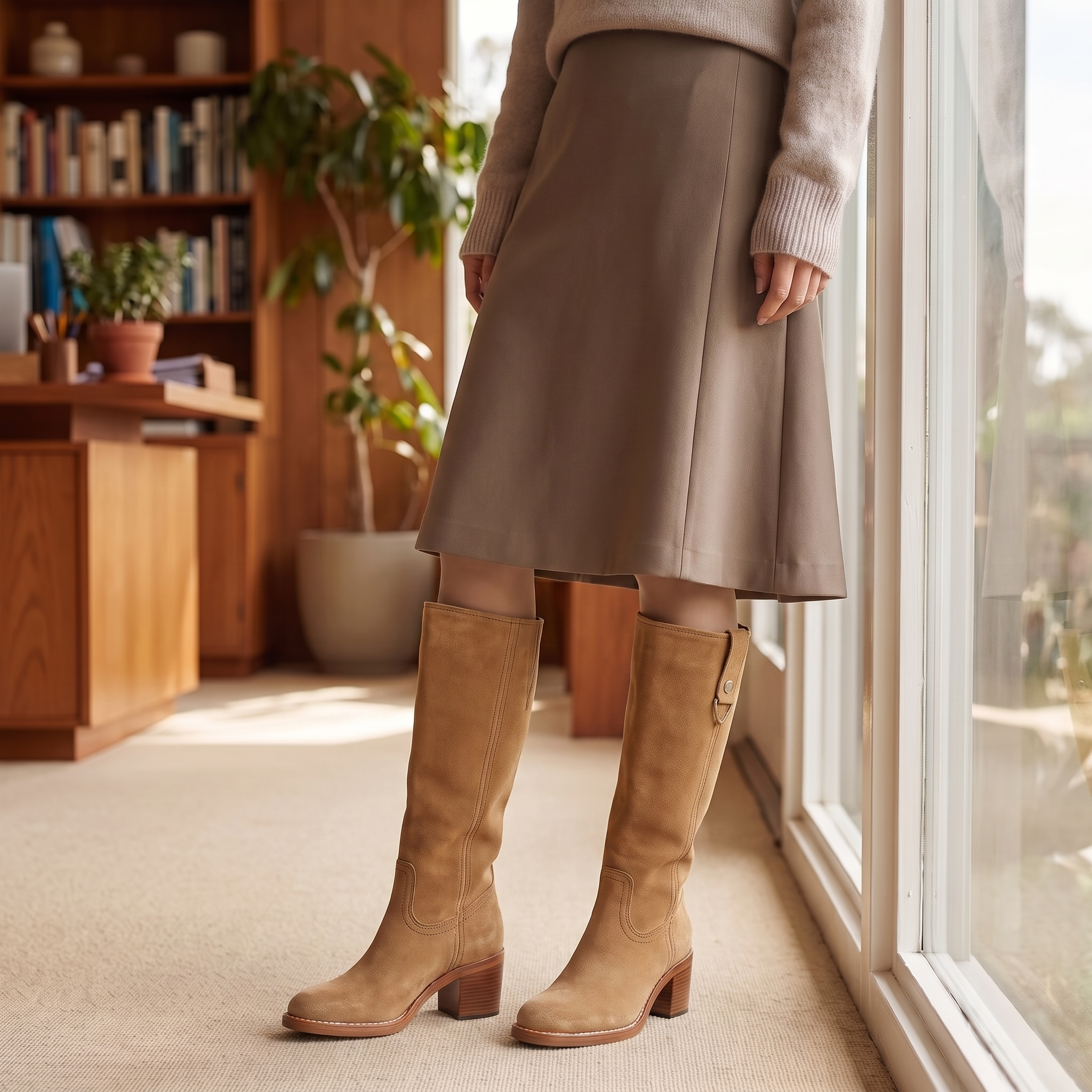 Tan vegan leather knee-high boots with a structured shaft, rounded toe, and sturdy block heel worn with a midi skirt.