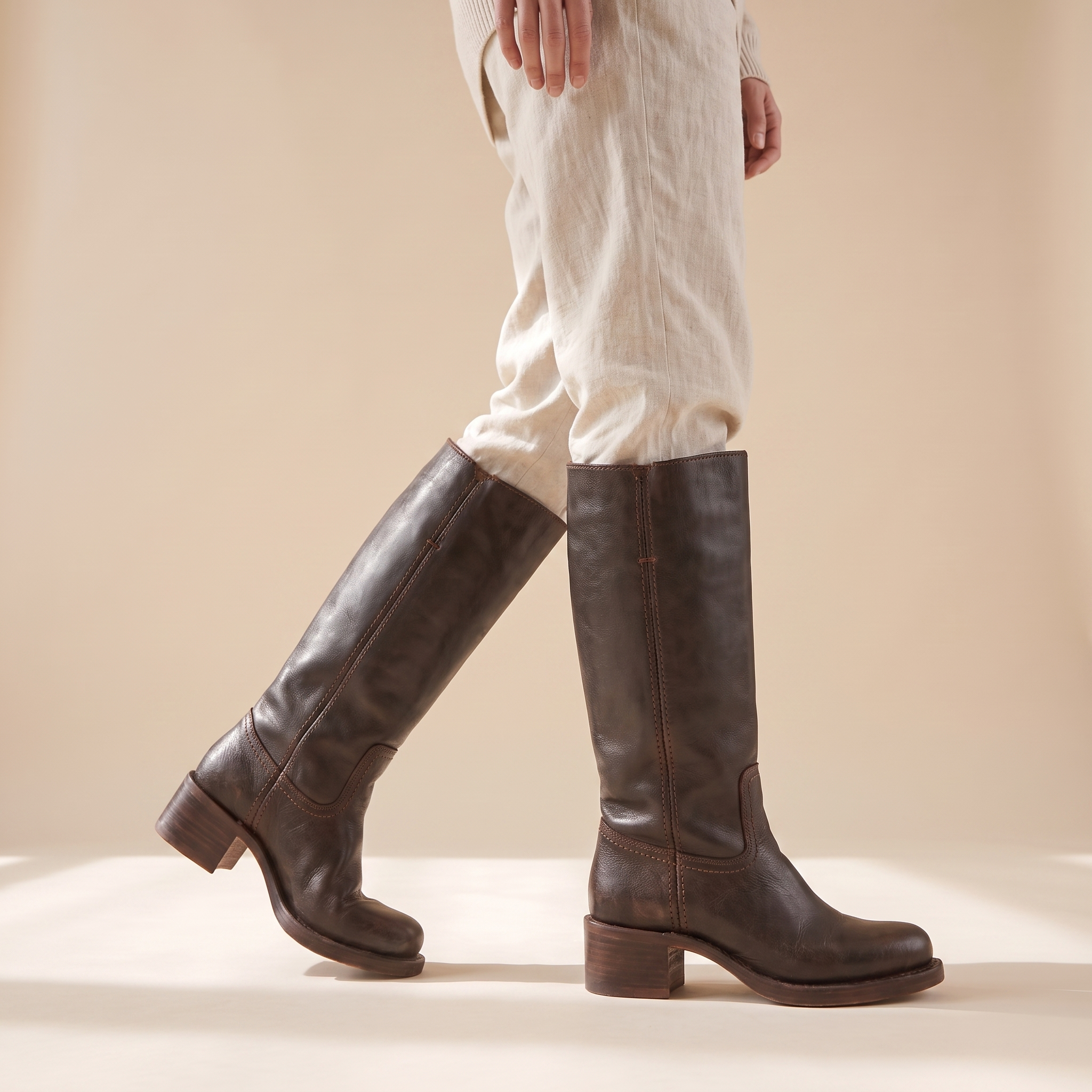 Dark brown vegan leather knee-high boots with a structured shaft, rounded toe, and sturdy block heel.