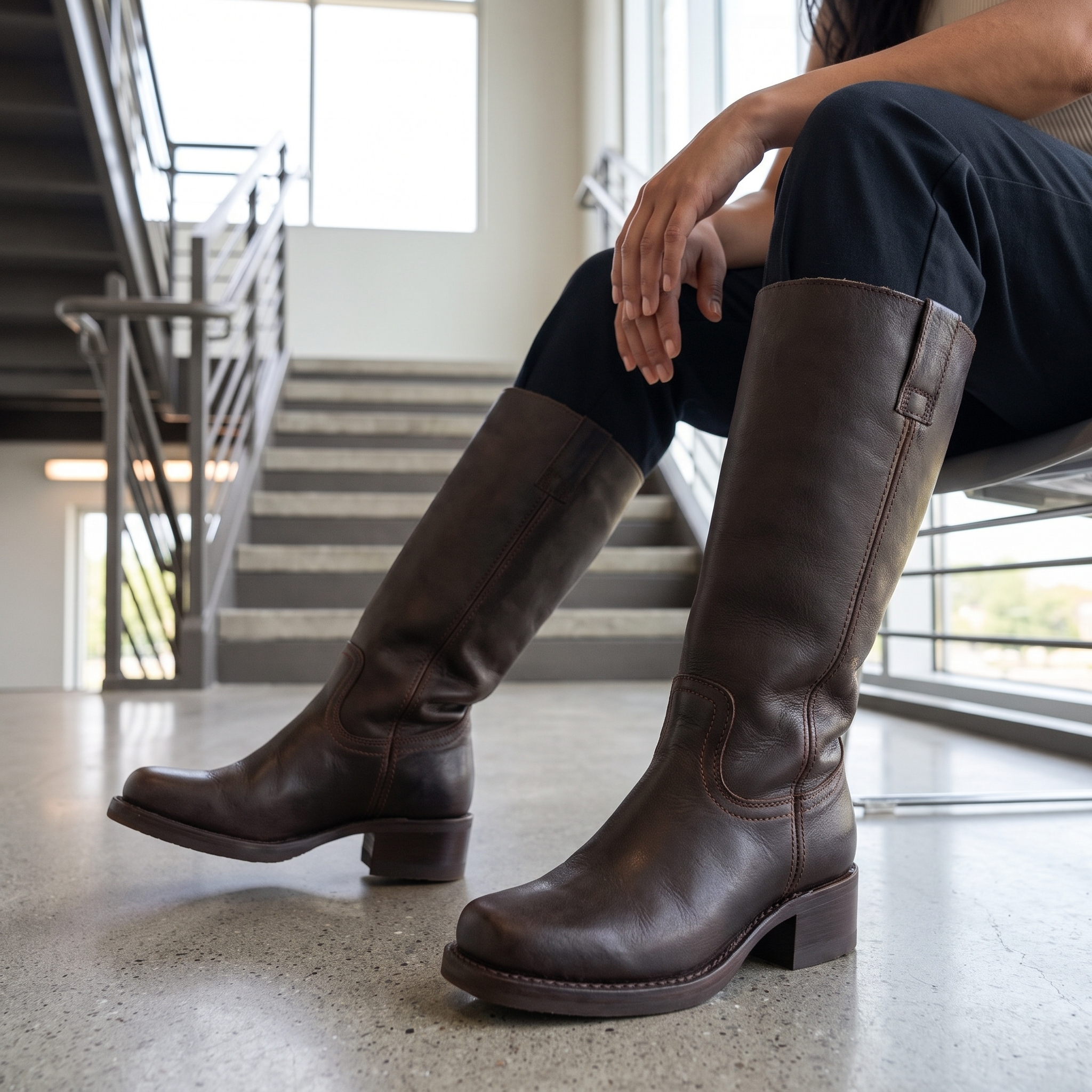 Dark brown vegan leather knee-high boots with a structured shaft, block heel, and rounded toe, worn with black trousers.