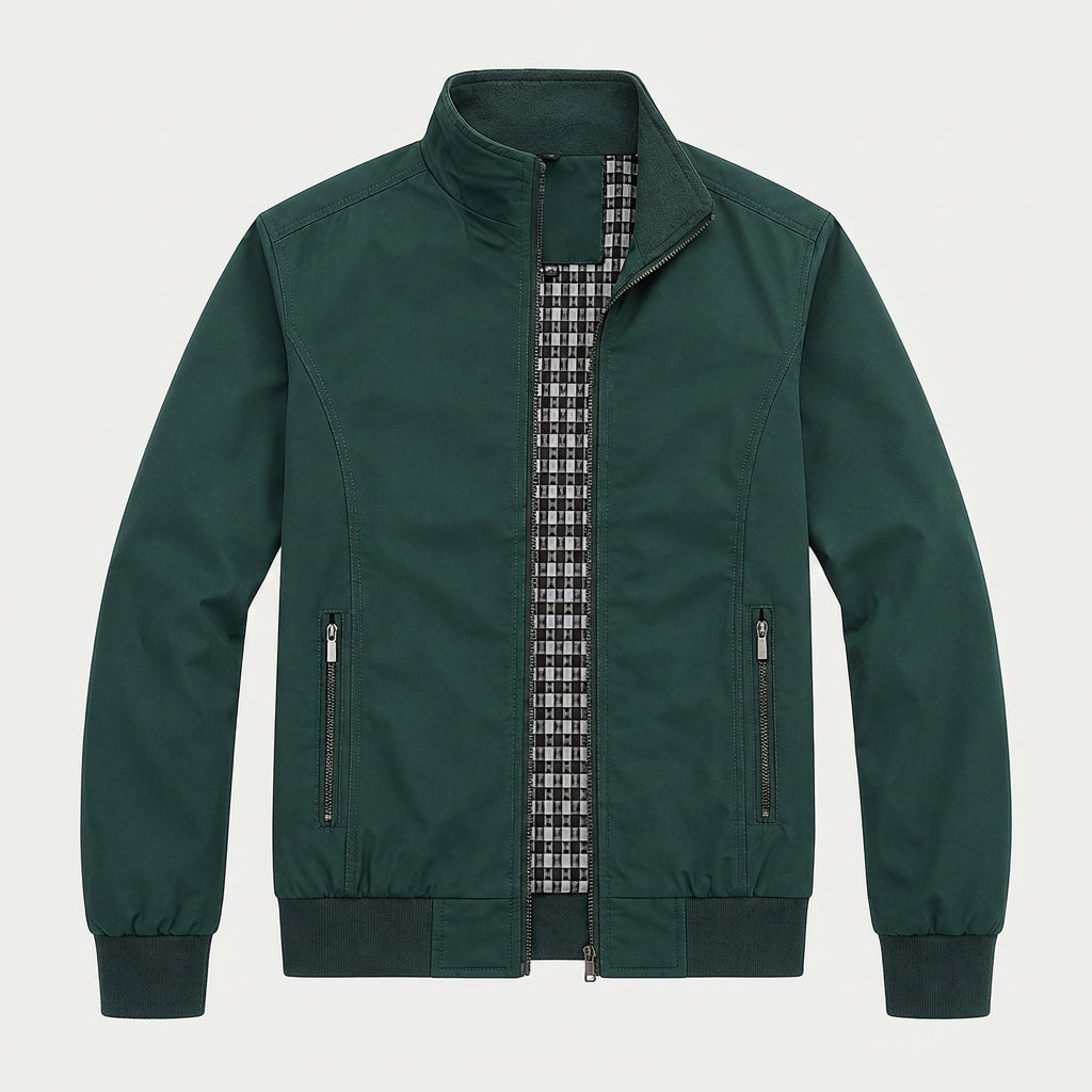 Forest green zip-up bomber jacket with a stand collar, plaid lining, zippered pockets, and ribbed cuffs on a white background.