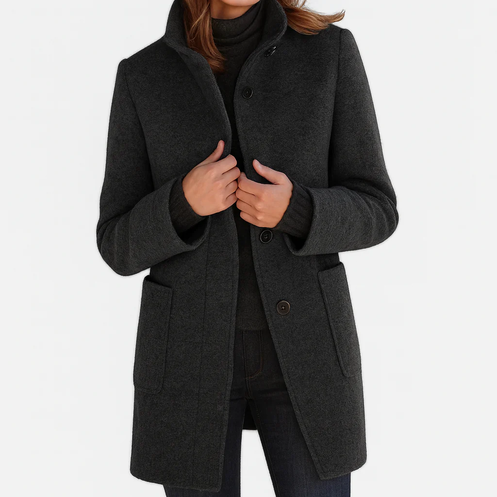 Jenny High-Collar Wool Coat – Single-Breasted Side-Pocketed Overcoat